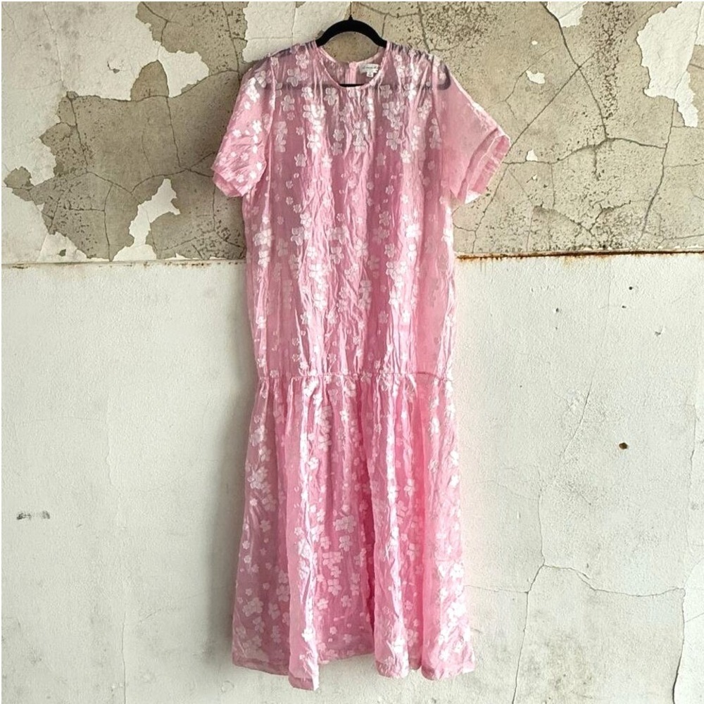 Amable by Mable Maxi Dress Floral Jacquard Drop Waist‎ Short Sleeve Pink Small